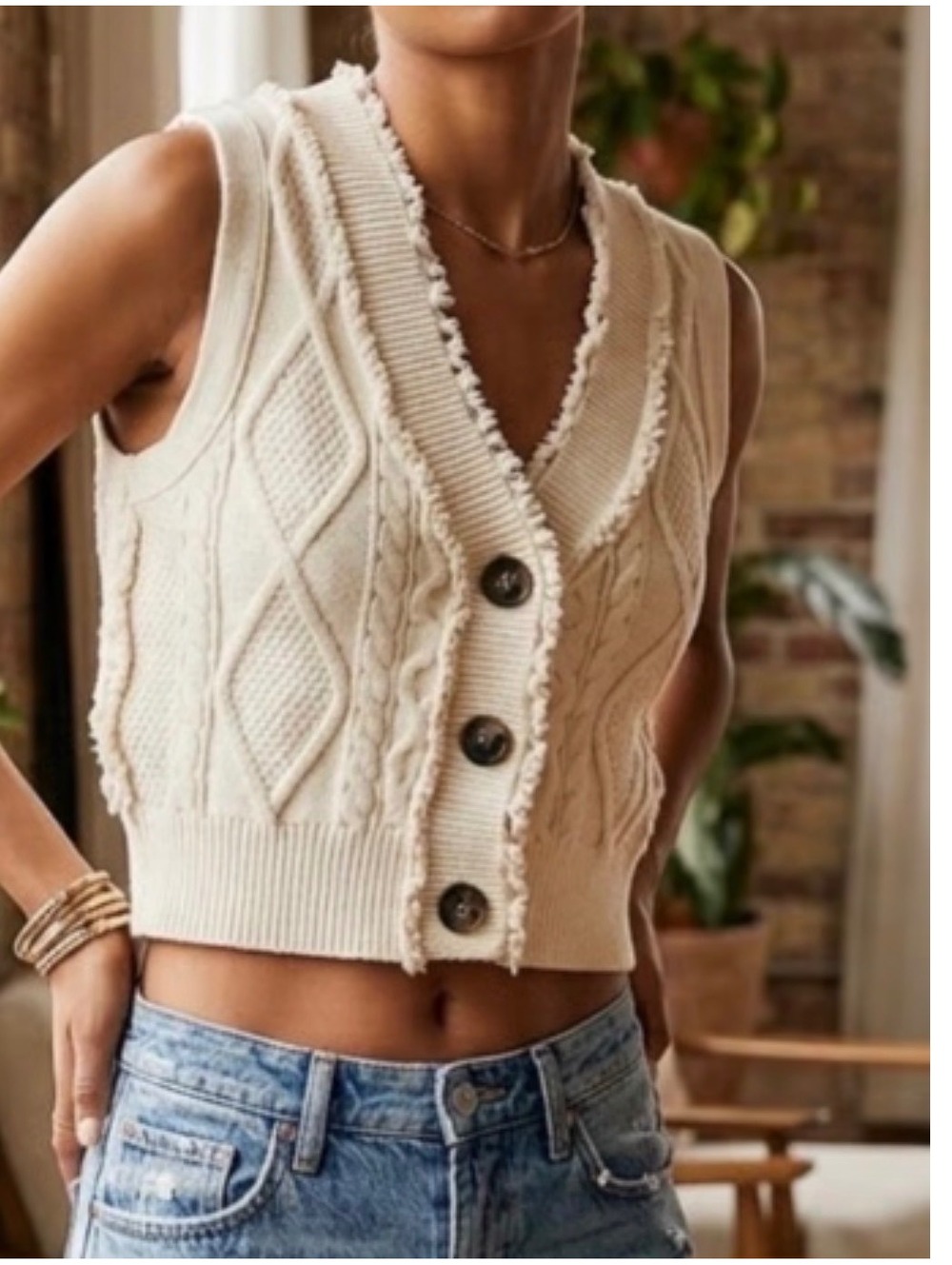 Free People Denson Cable Knit Vest Cream XS